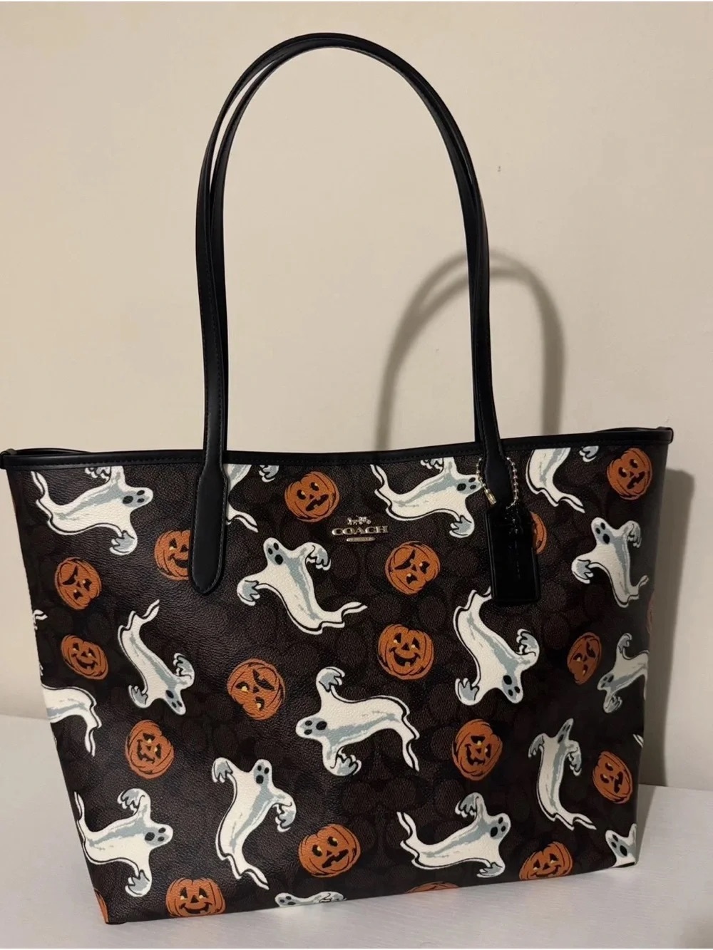 Coach Brown Tote with White Ghosts & Orange Jack-o'-Lanterns